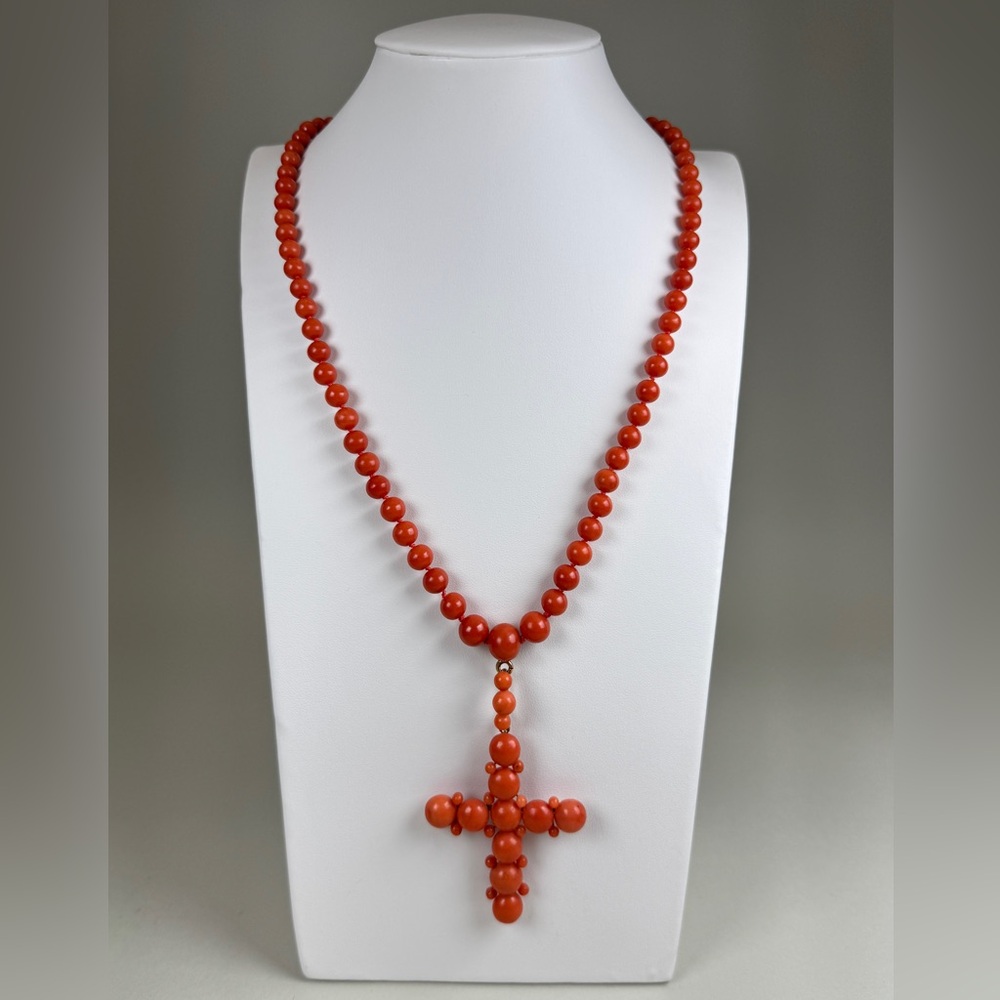 Estate 15K Solid Gold Mediterranean Red Coral Necklace with Cross Pendant